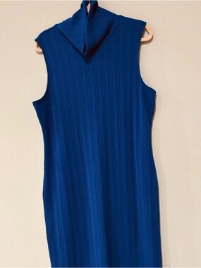 Nine West Sleeveless Ribbed Knit Midi Dress in Blue Bold Stylish Office Casual